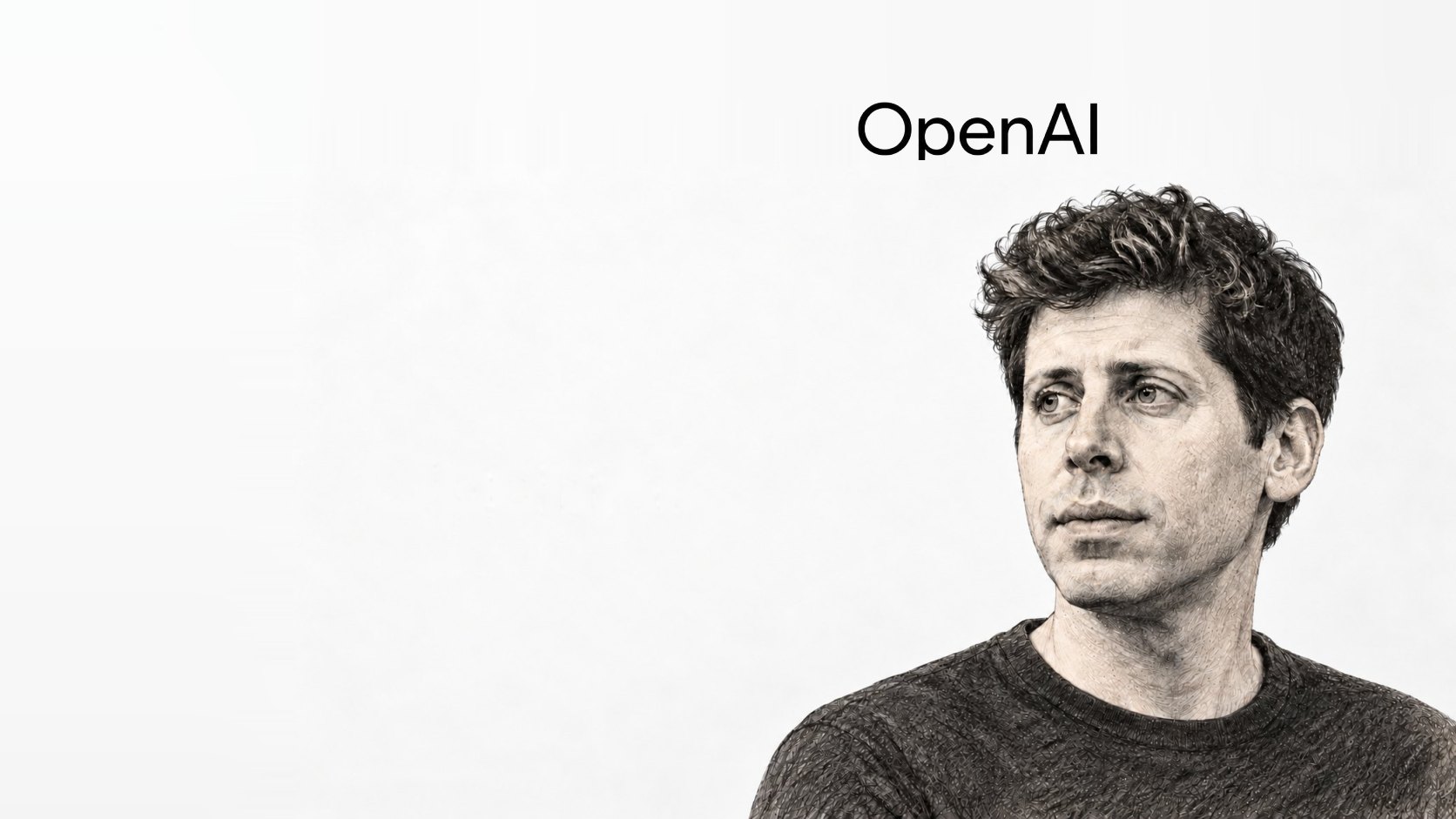 Gezeichnetes Schwarzweißporträt von Sam Altman auf hellem Hintergrund, links der Schriftzug „OpenAI“; KI-generierte redaktionelle Illustration.