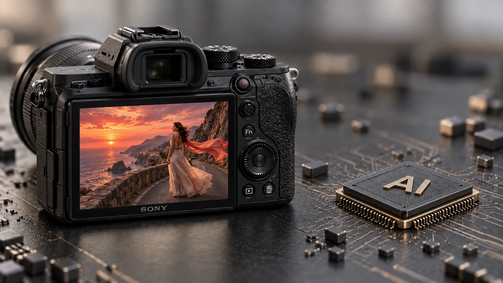 KI-generierte Szene: Kamera auf einer Platine neben einem KI-Chip. Auf dem Display steht eine Frau im Kleid mit wehendem Schal an einer Küstenstraße zwischen Meer und Felswand im Abendrot.