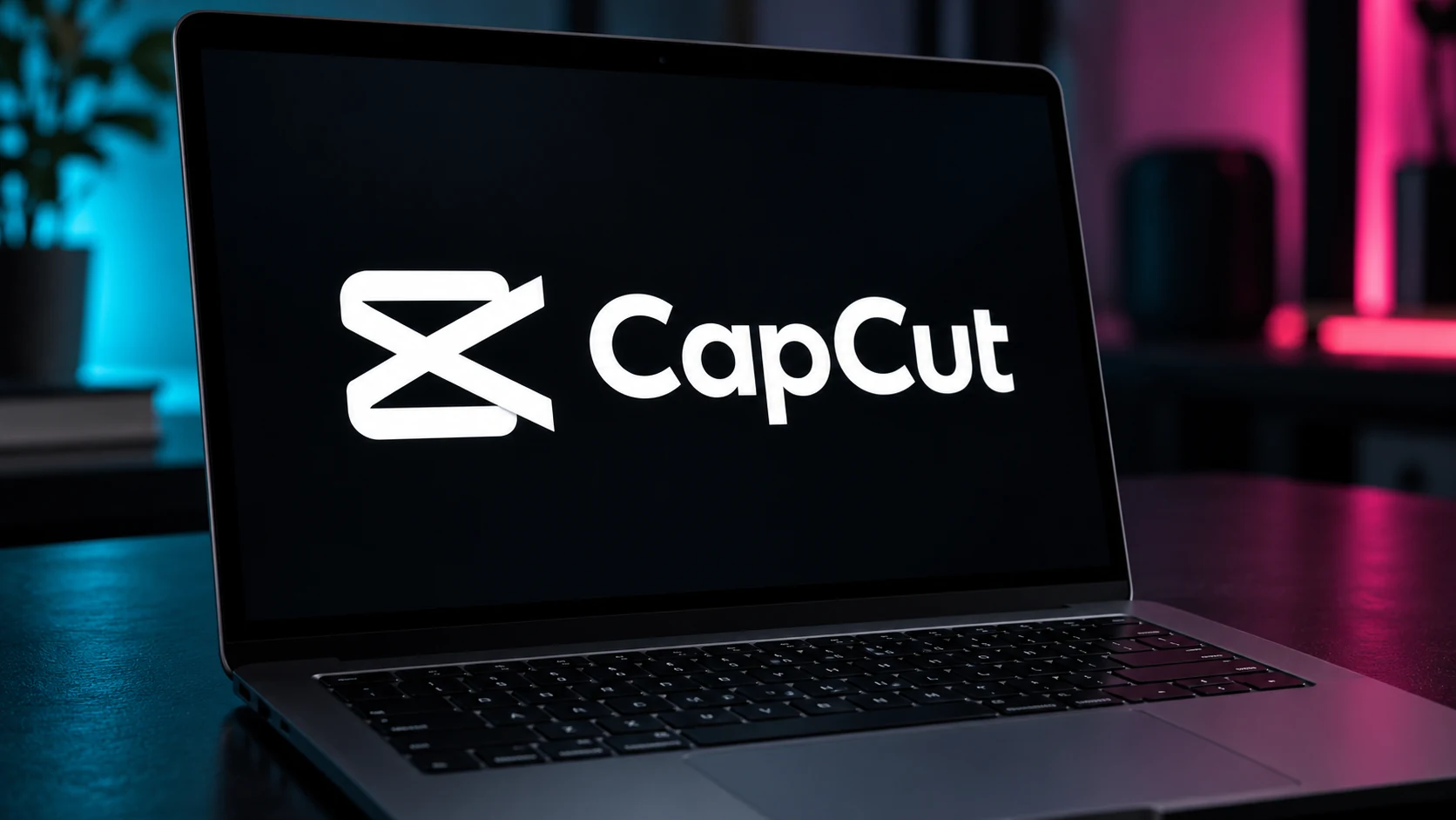 Laptop mit weißem CapCut-Logo auf dunklem Bildschirm vor einem unscharfen Hintergrund mit blauem und pinkem Licht.