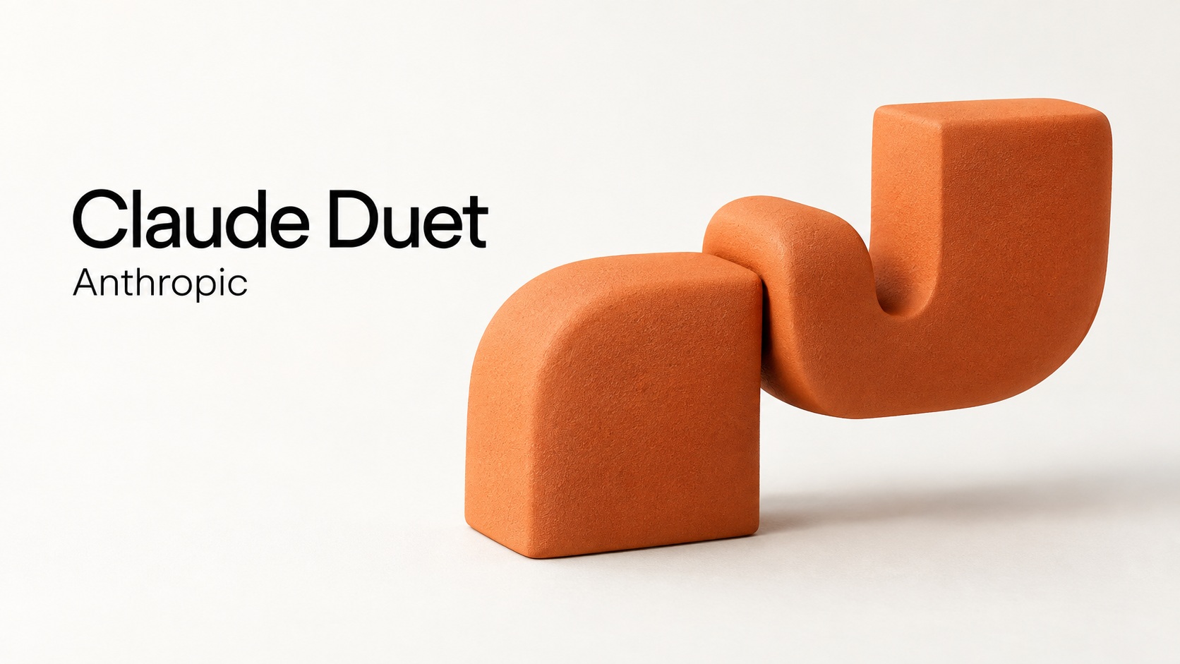 KI-generiertes Symbolbild: zwei matte orangefarbene abstrakte Greifformen berühren sich auf warmweißem Grund; daneben Claude Duet und Anthropic.