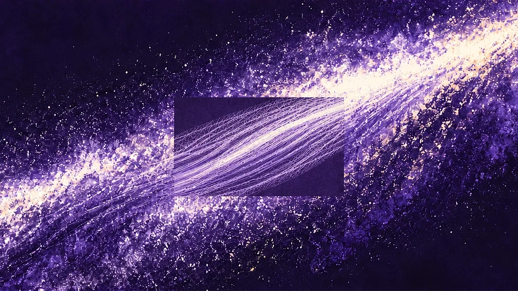 KI-Illustration eines violetten astronomischen Lichtfelds mit einem hell schraffierten Bereich als Sinnbild für statistisch ergänzte Daten.
