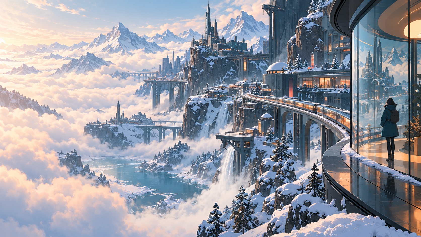 KI-generierte Anime-Illustration: futuristische Bergstadt mit beleuchteter Bahntrasse zwischen verschneiten Gipfeln über einem Wolkenmeer; rechts eine Person an einem Aussichtsglas.