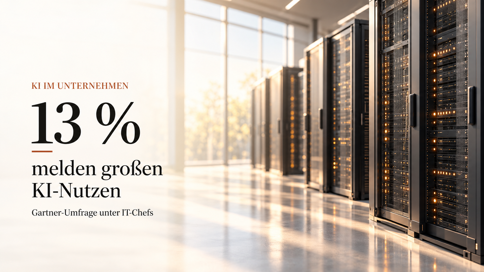 Heller Serverraum mit der redaktionellen Überschrift 13 Prozent melden großen KI-Nutzen; Gartner-Umfrage unter IT-Chefs.