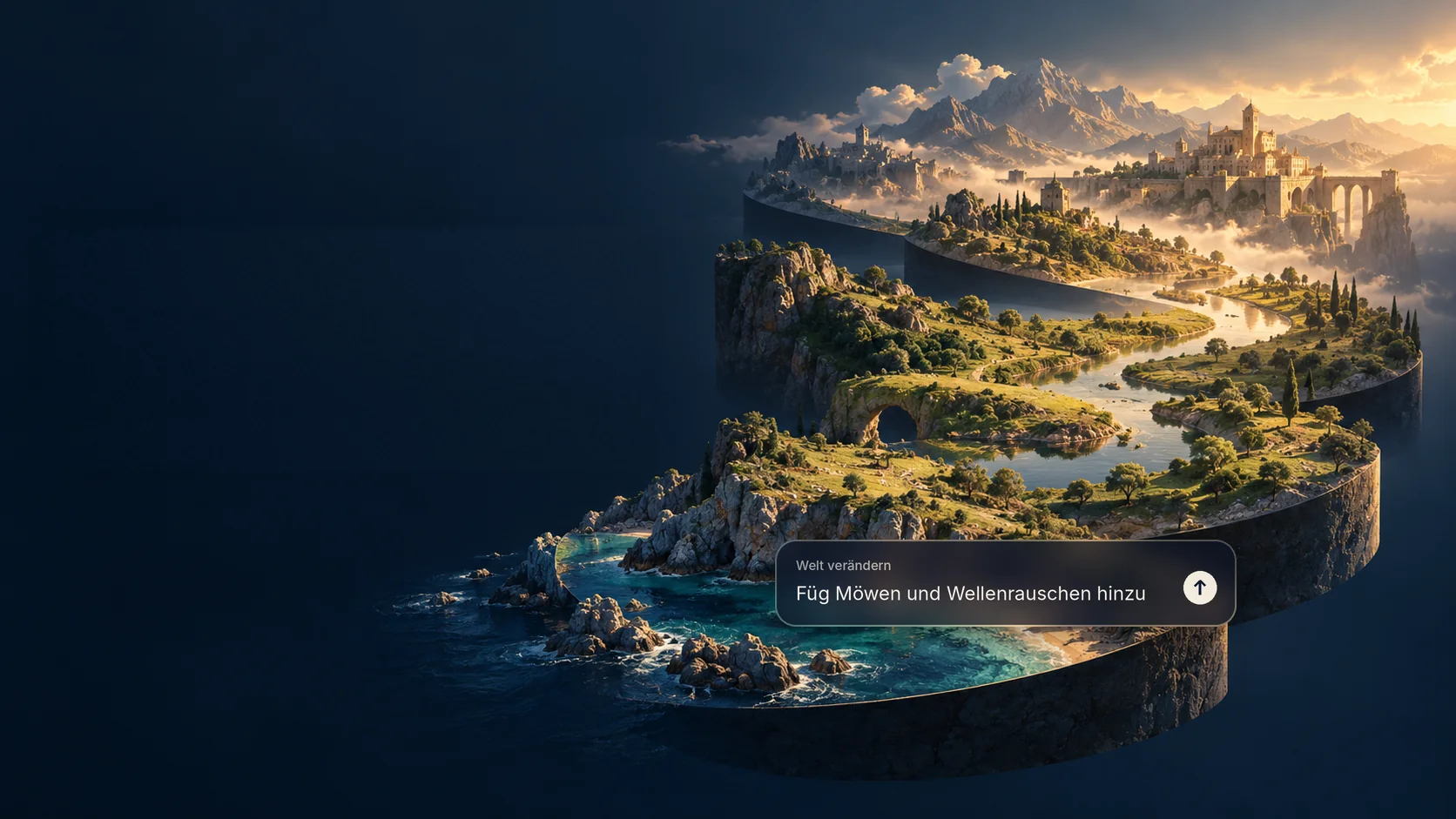KI-Illustration einer aufgefächerten Insellandschaft mit Bucht, Fluss und Burg im Abendlicht, davor ein Eingabefenster mit dem Prompt: Füg Möwen und Wellenrauschen hinzu.