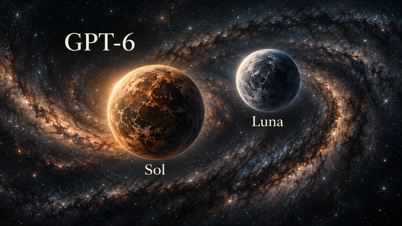 Illustration zweier Planeten vor einer Galaxie als Sinnbild für GPT-6 Sol und Luna
