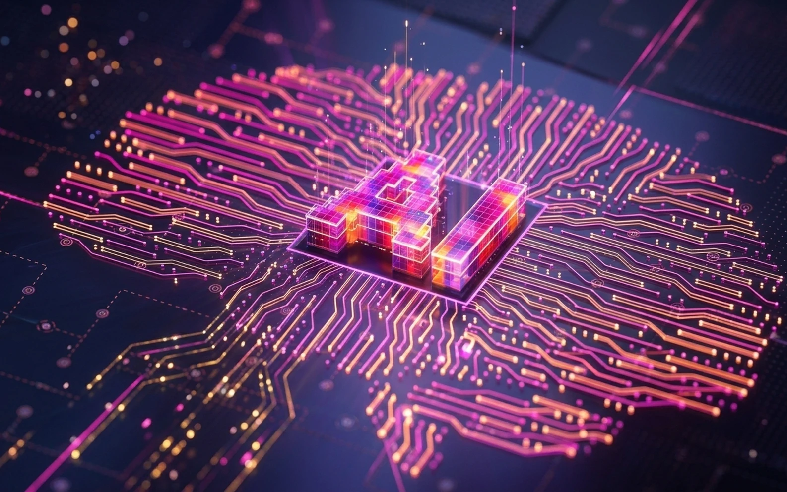 Ein leuchtender Computerchip mit der Aufschrift AI, umgeben von verzweigten Leiterbahnen auf einer Platine