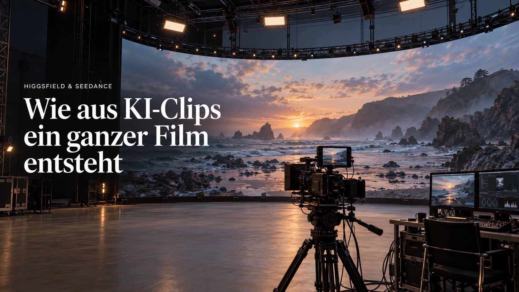 Symbolbild: KI-generiertes Filmstudio mit gebogener LED-Wand, Kinokamera und Regieplatz