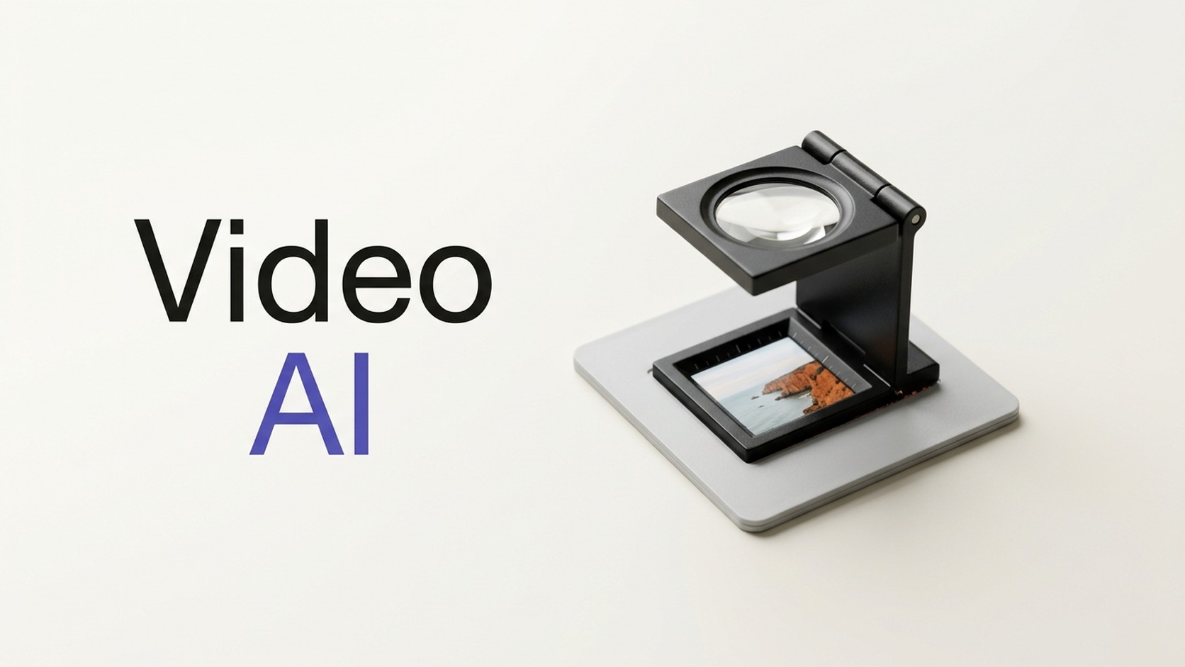 Titelbild mit dem Schriftzug „Video AI“ neben einem schwarzen Fadenzähler auf einem Kleinbild-Dia – KI-generiert von Nachschein Studios