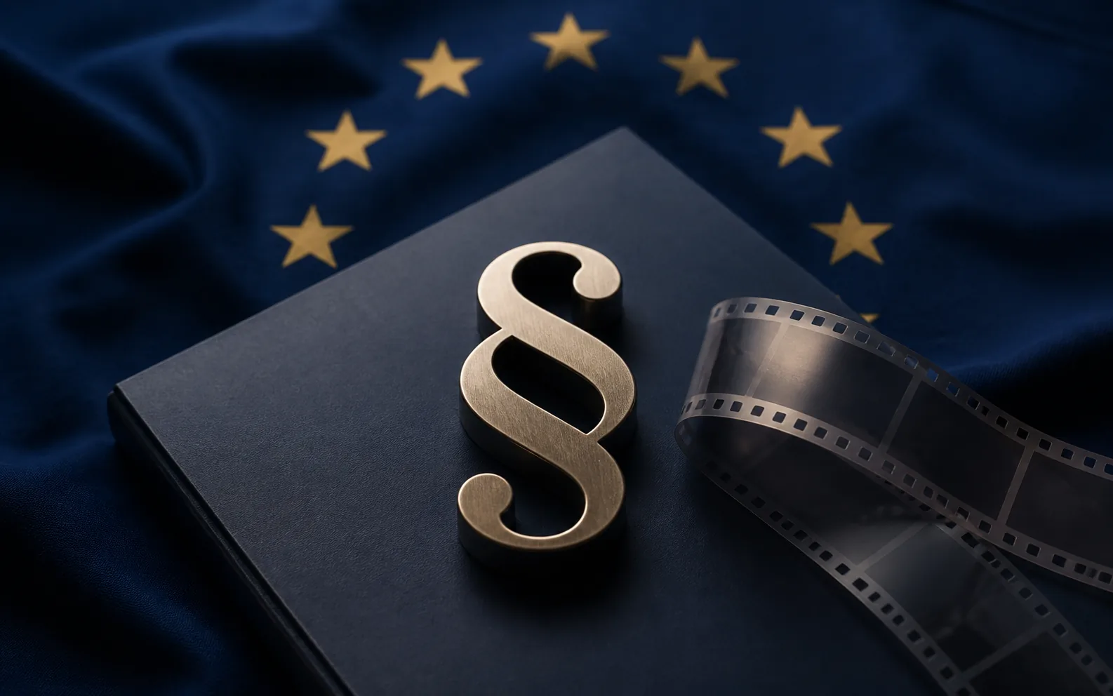 Goldener Paragraph und Filmstreifen vor einer EU-Flagge