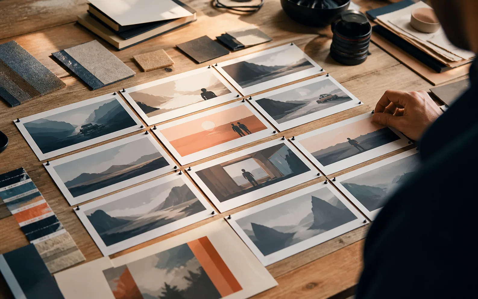 Storyboard-Frames und Materialproben auf einem Arbeitstisch