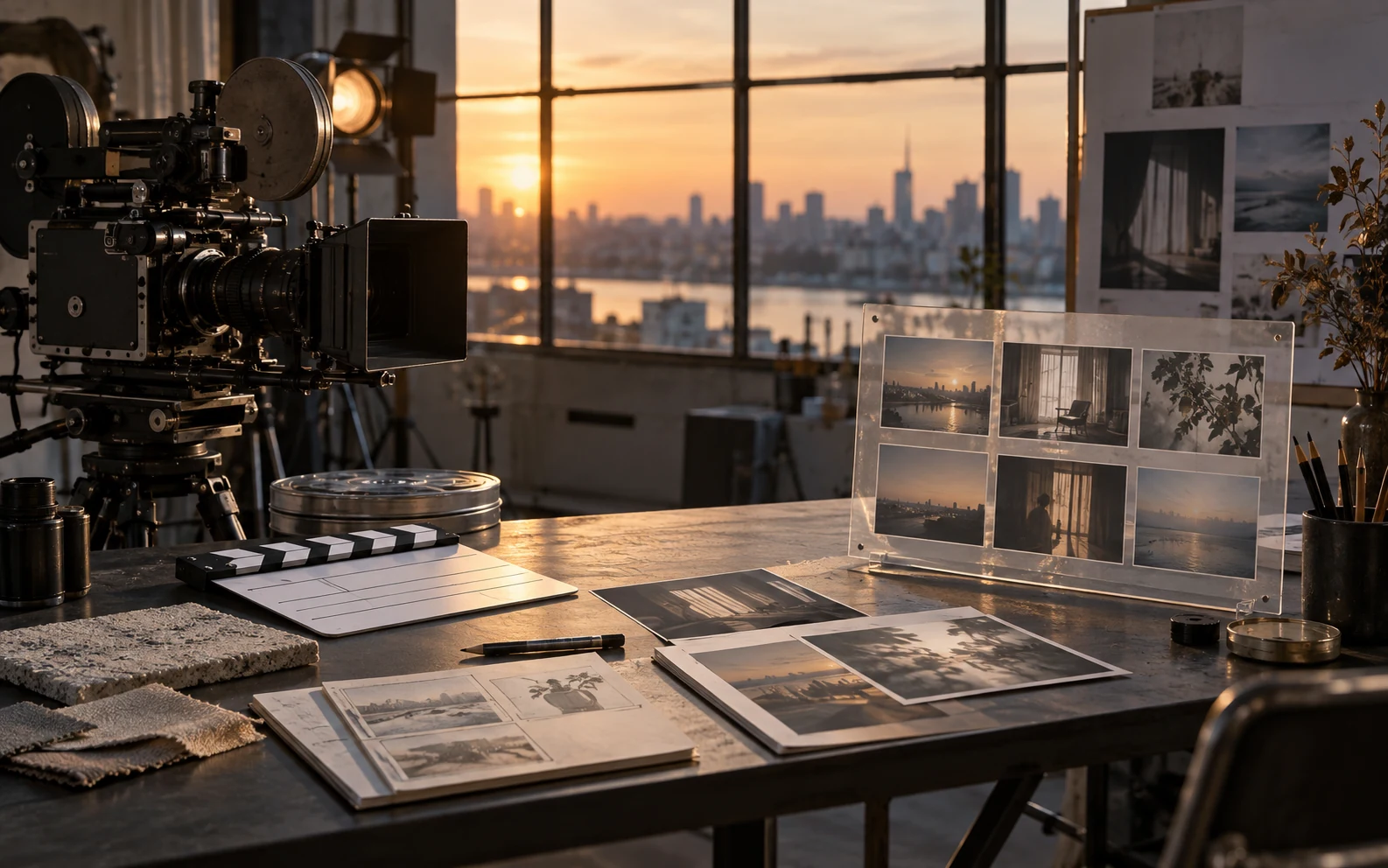 Analoge Filmkamera, Klappe und Lookframes auf einem Studiotisch bei Abendlicht
