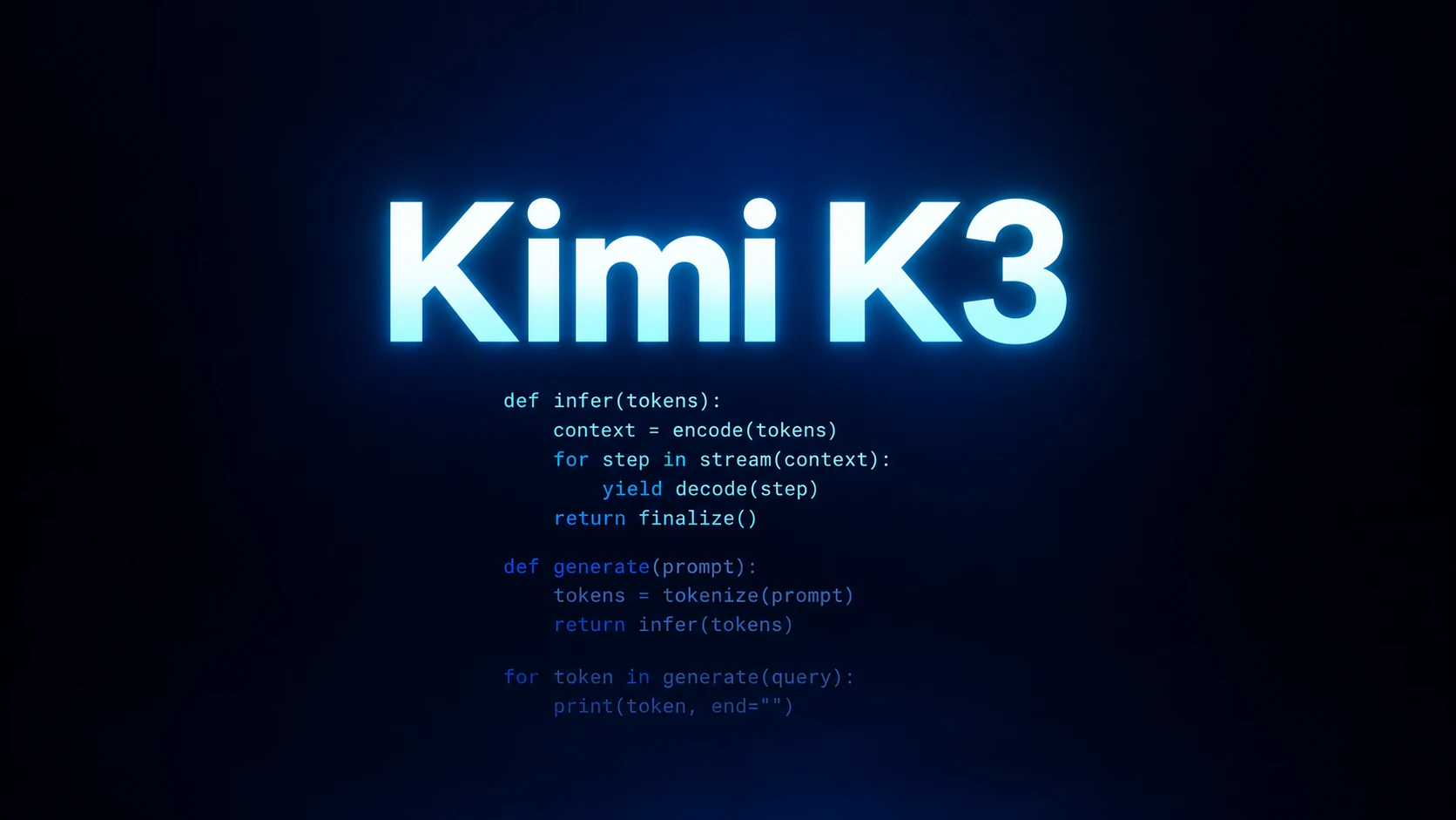 Generierte Titelgrafik mit dem Schriftzug Kimi K3 und stilisiertem Programmcode auf dunklem Grund.