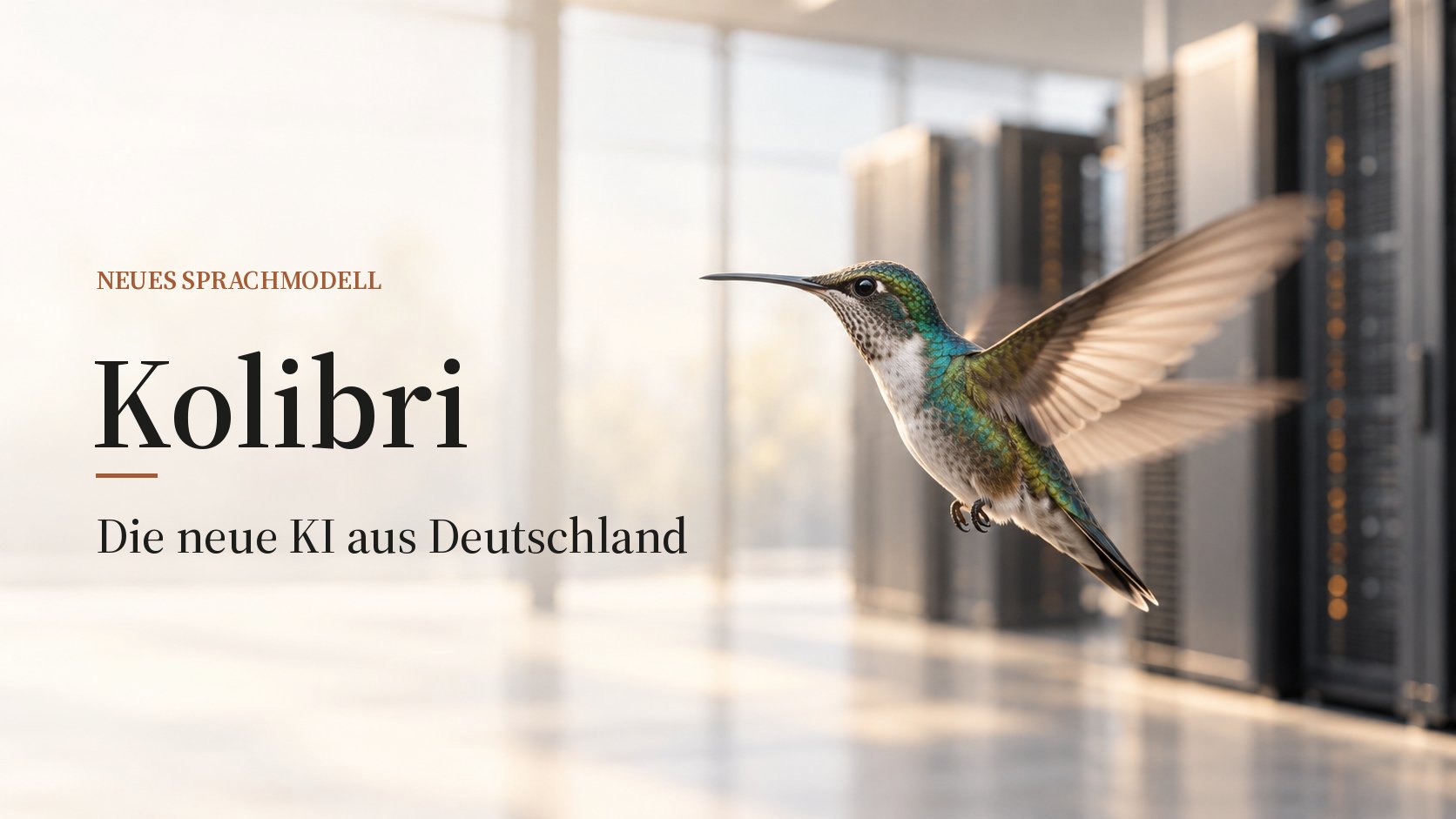Kolibri im Flug vor einem hellen Rechenzentrum mit dem Schriftzug „Kolibri – Die neue KI aus Deutschland“ – KI-generiertes Symbolbild