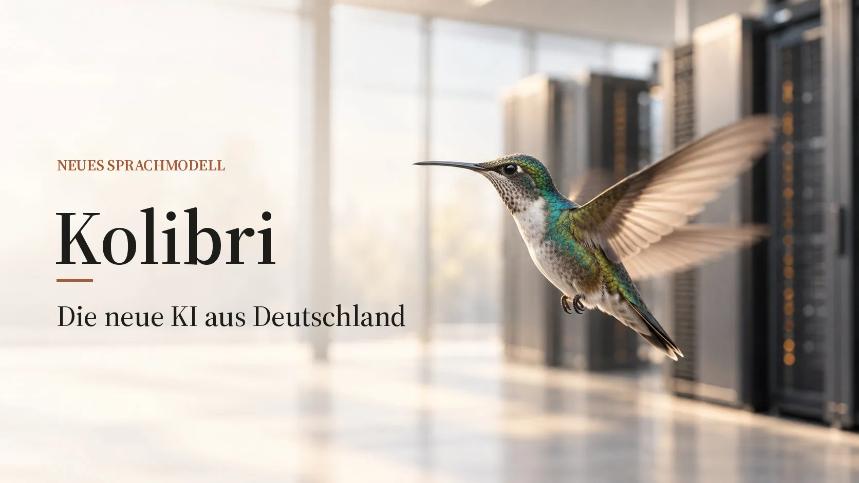 Kolibri im Flug vor einem hellen Rechenzentrum mit dem Schriftzug „Kolibri – Die neue KI aus Deutschland“ – KI-generiertes Symbolbild