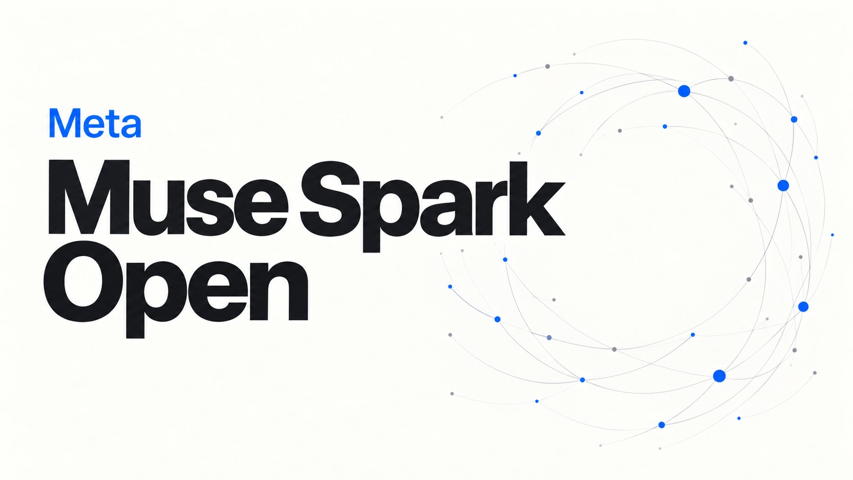 Schriftzug „Meta Muse Spark Open“ auf hellem Grund mit feinen grauen Bögen und blauen Punkten; KI-generierte Titelgrafik von Nachschein Studios.
