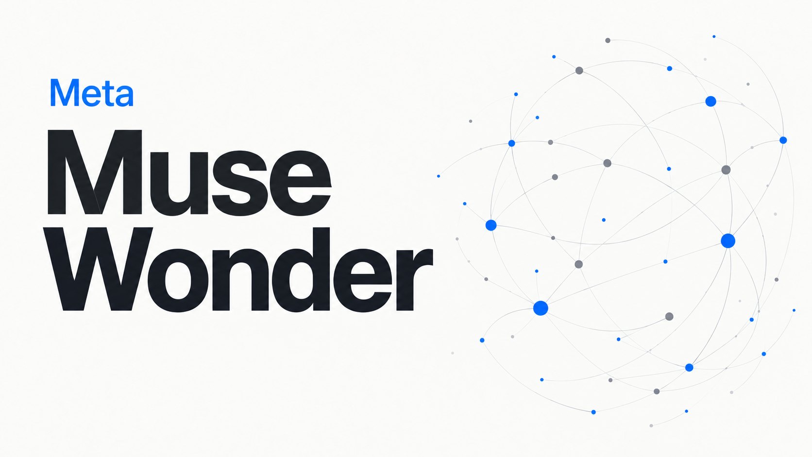 Schriftzug „Meta Muse Wonder“ in Schwarz und Blau neben einem dezenten Netzwerkmotiv aus verbundenen Punkten, KI-generiertes Titelbild von Nachschein Studios