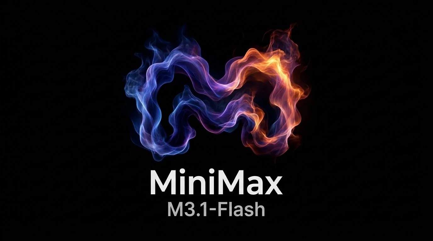 Ein großes M aus blauem und orangefarbenem Rauch auf schwarzem Grund, darunter der Schriftzug MiniMax M3.1-Flash; KI-generiertes redaktionelles Titelbild.