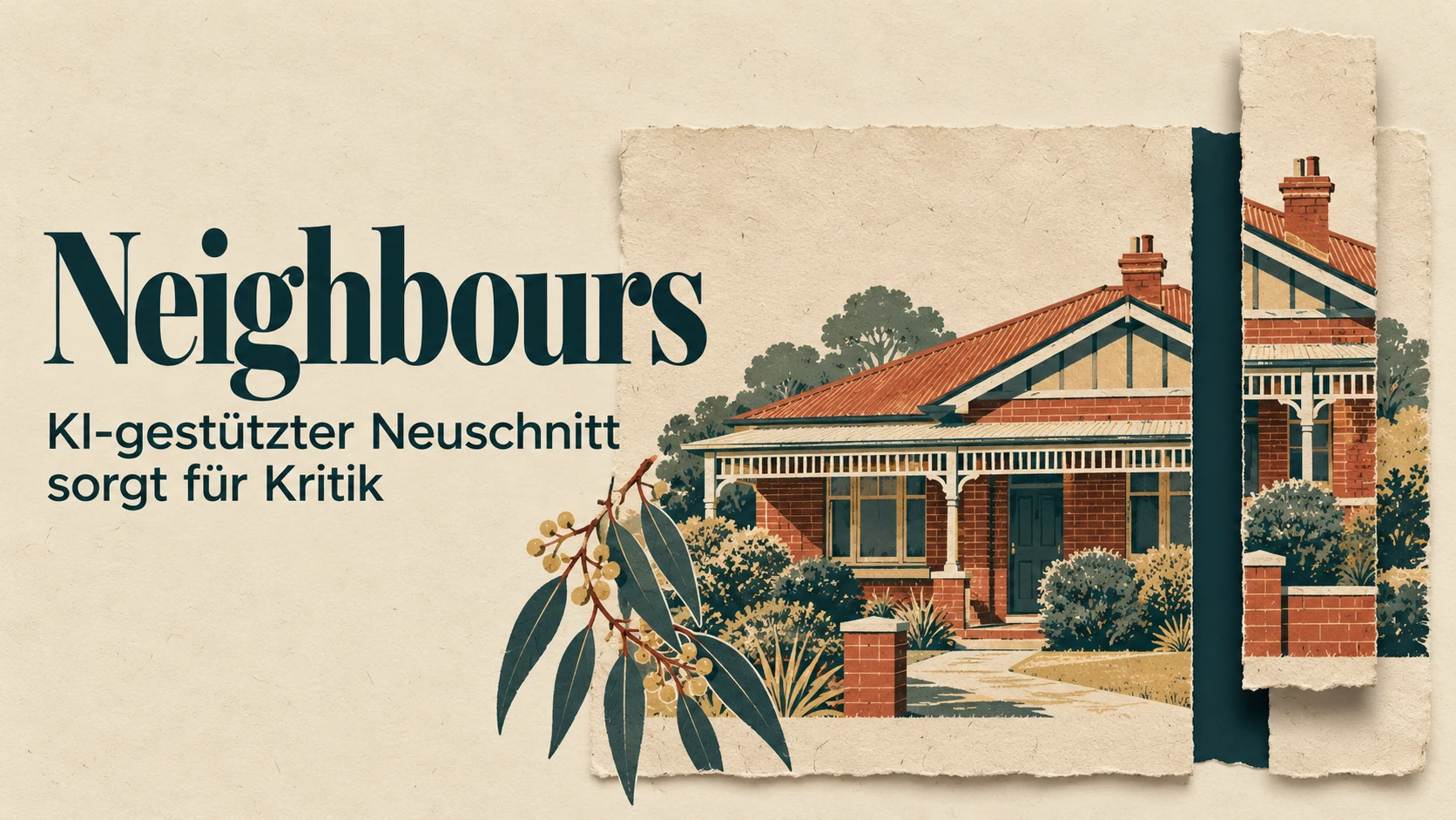 Papiercollage eines frei erfundenen Vorstadthauses mit versetztem senkrechtem Bildstreifen; Schriftzug „Neighbours“ und Unterzeile zum KI-gestützten Neuschnitt.