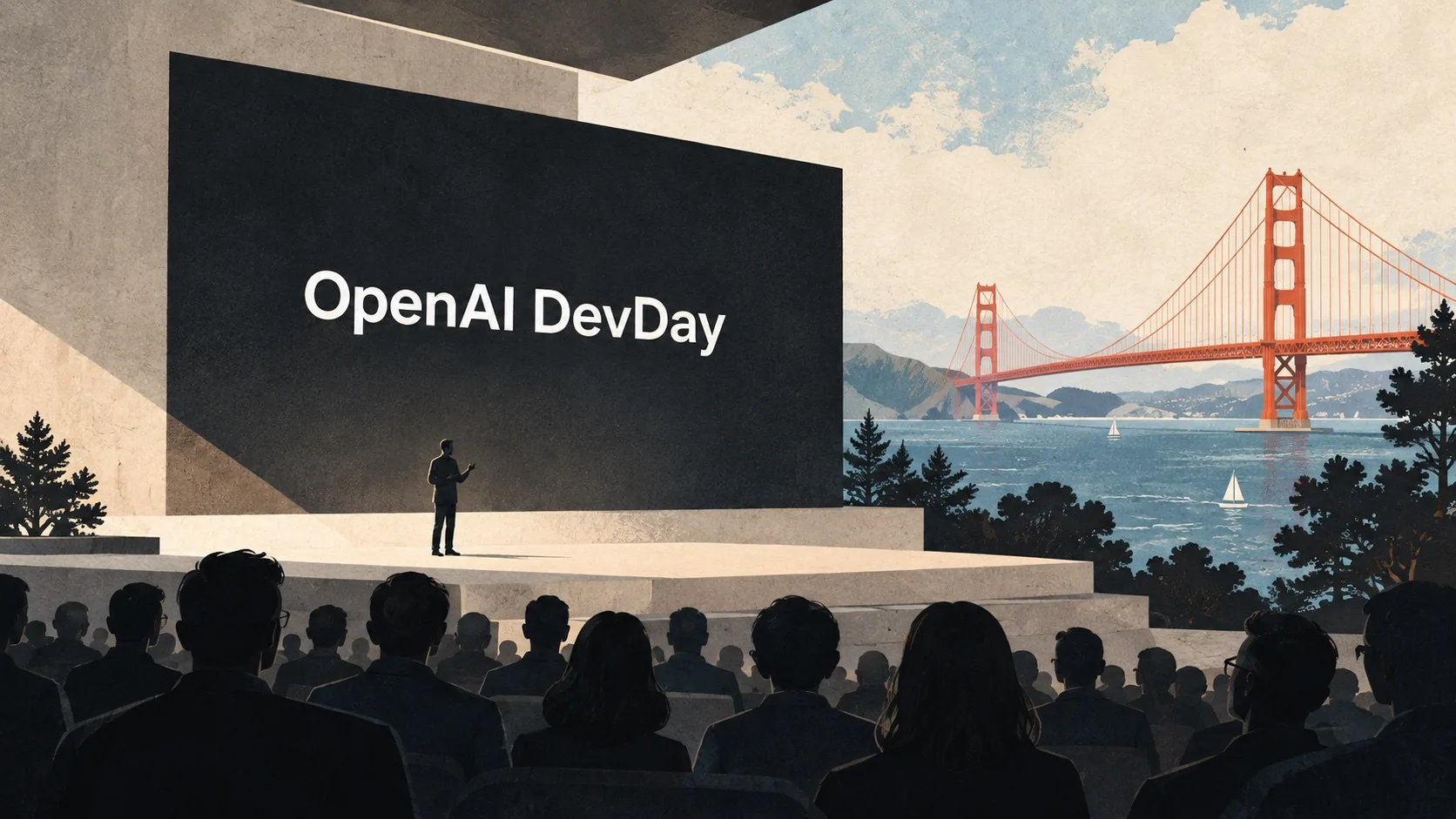 KI-generierte Illustration einer OpenAI-DevDay-Keynote vor der Golden Gate Bridge; kein Veranstaltungsfoto