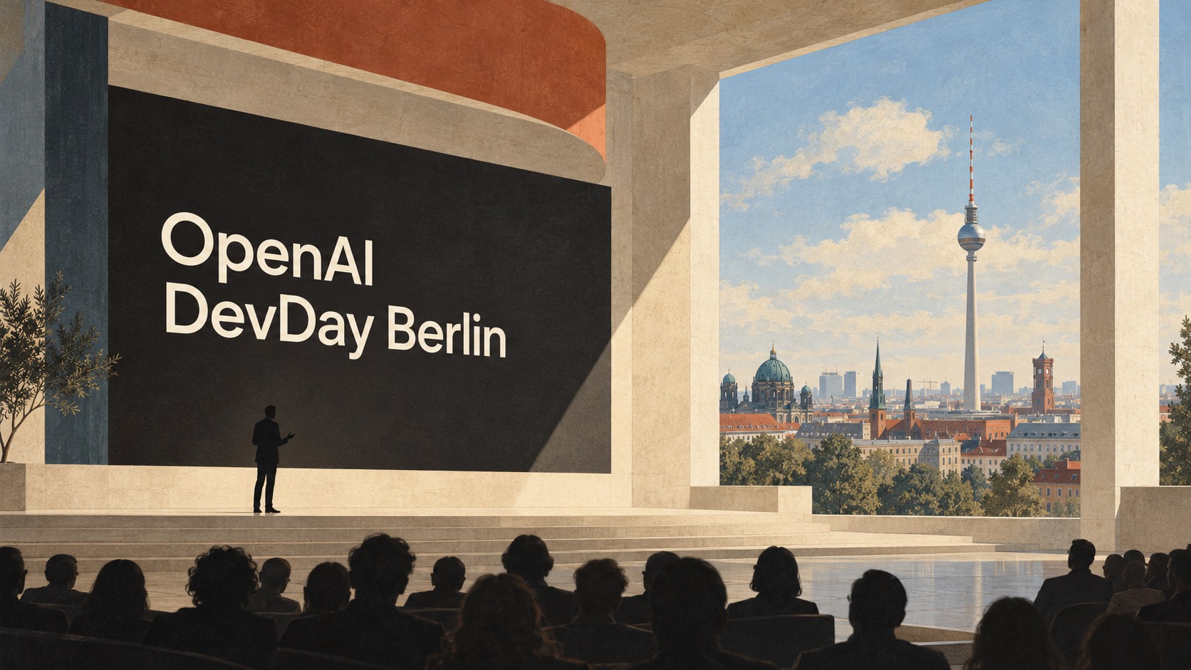 KI-generierte Illustration einer erfundenen DevDay-Bühne mit OpenAI-Schriftzug und Berliner Fernsehturm im Hintergrund.