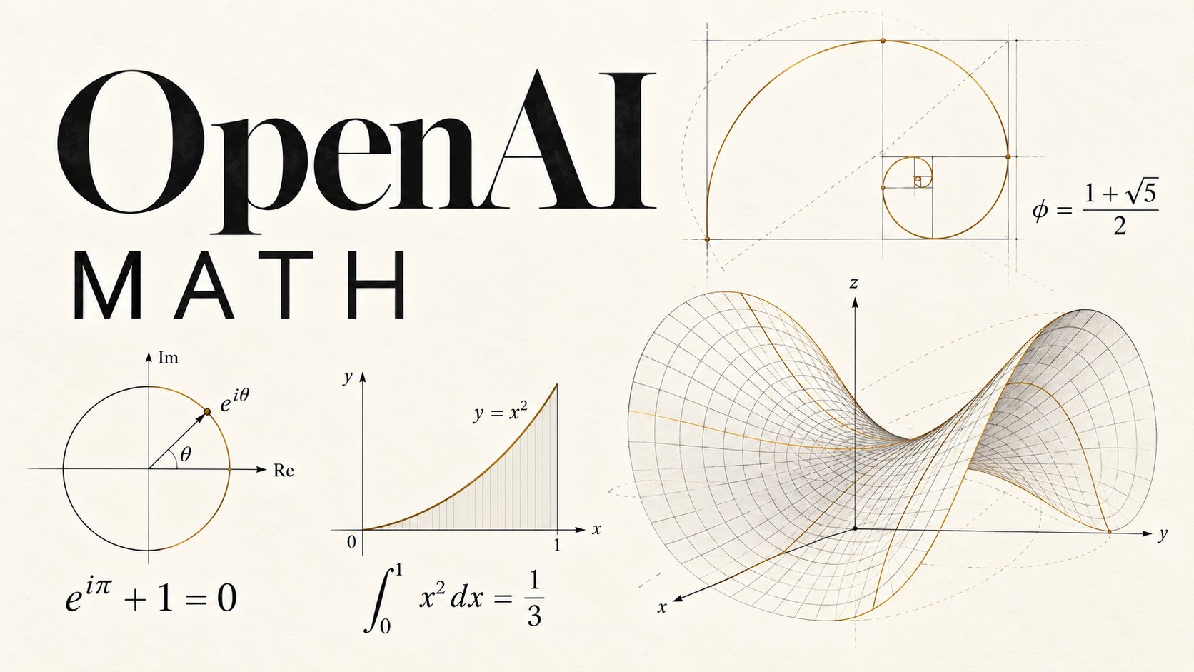 Titelbild mit dem Schriftzug „OpenAI Math“ neben mathematischen Skizzen: goldene Spirale, Einheitskreis, Kurve unter einem Integral und eine Sattelfläche auf cremefarbenem Grund – KI-generiertes Titelbild von Nachschein Studios
