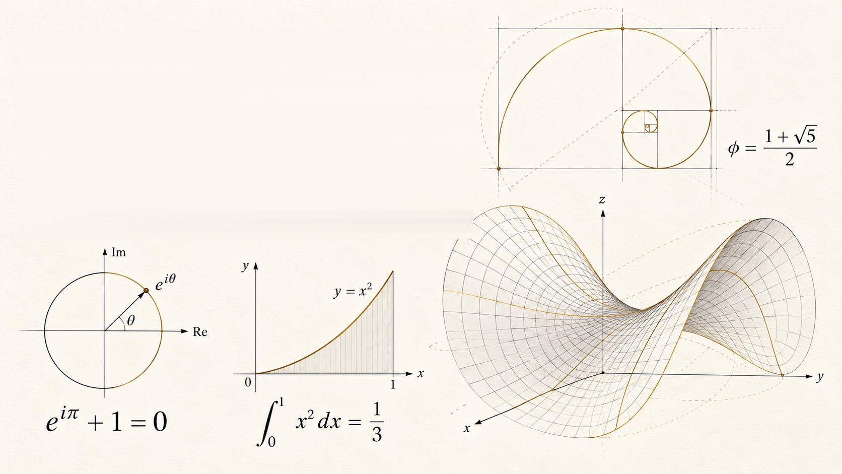 Titelbild mit dem Schriftzug „OpenAI Math“ neben mathematischen Skizzen: goldene Spirale, Einheitskreis, Kurve unter einem Integral und eine Sattelfläche auf cremefarbenem Grund – KI-generiertes Titelbild von Nachschein Studios