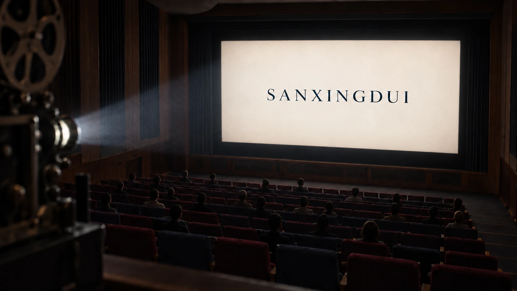 KI-generierte Illustration: Blick neben einem historischen Filmprojektor in einen dunklen Kinosaal mit Publikum und dem Schriftzug SANXINGDUI auf der Leinwand.