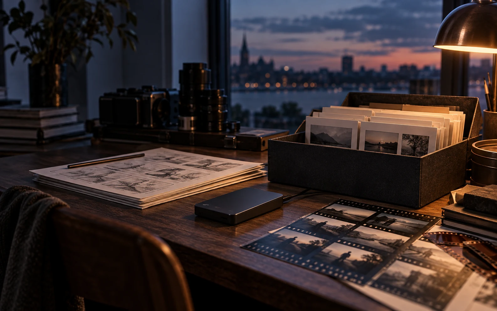 Archivbox mit Lookframes, Storyboards, Kamera und unbeschriftetem Speichermedium auf einem Arbeitstisch in der Dämmerung